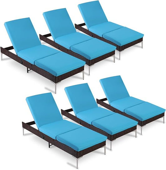 HOMREST Outdoor Lounge Chairs Set of 6, Patio Wicker Chaise Lounge with Removable Cushion, Rattan Pool Sunbathing Recliners with Adjustable Backrest (Turquoise)