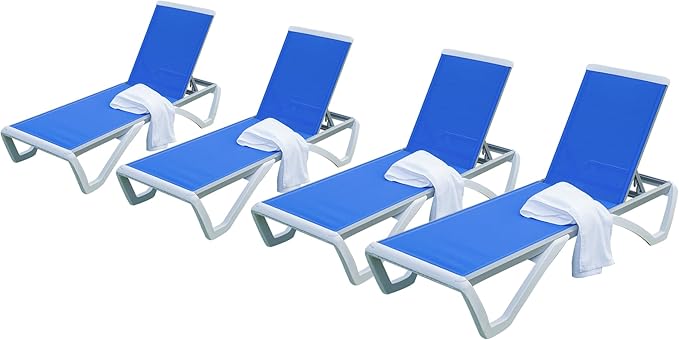 Domi Outdoor Lounge Chairs Set of 4, Aluminum Lounge Chairs for Outside with 5 Position Adjustable Backrest, Outdoor Chaise Lounge for Beach, Yard, Balcony, Poolside, Blue