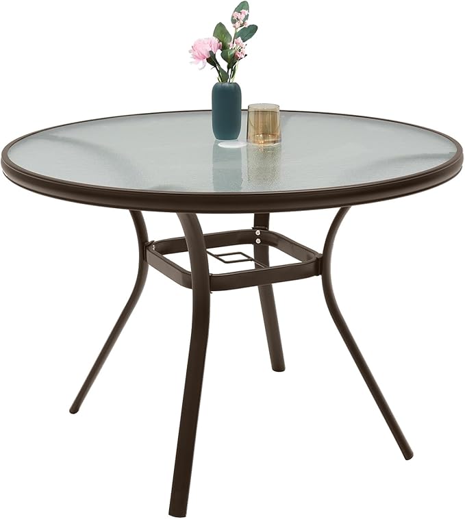 Round Outdoor Dining Table for 4 Person, 40 inch Glass Top, Brown Powder-Coated Frame with Umbrella Hole Outdoor Furniture