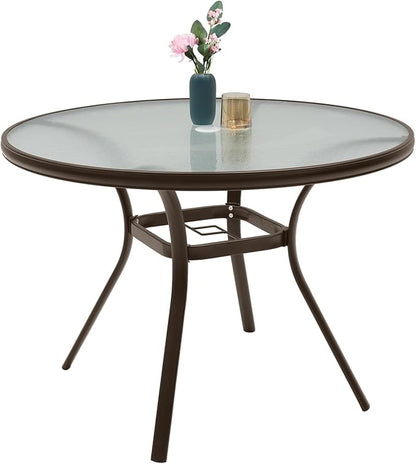 Round Outdoor Dining Table for 4 Person, 40 inch Glass Top, Brown Powder-Coated Frame with Umbrella Hole Outdoor Furniture