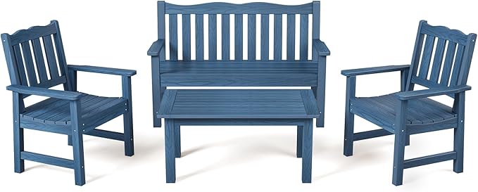 Stoog 4-Piece Patio Furniture Set, All-Weather HIPS Outdoor Dining Set, Includes 1 Bench, 2 Chairs, 1 Coffee Table, Blue - Photo 1