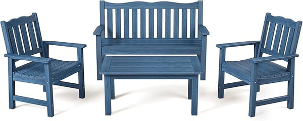 Stoog 4-Piece Patio Furniture Set, All-Weather HIPS Outdoor Dining Set, Includes 1 Bench, 2 Chairs, 1 Coffee Table, Blue - Photo 1