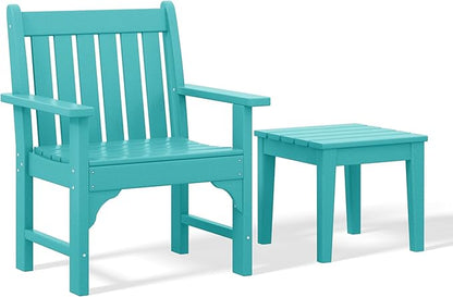 Costaelm Outdoor Patio Table and Chairs Set of 2, 2-Piece HDPE Garden Chair with Square Adirondack Side Table Set, Porch Chairs Coffee Table for Outside Porch Backyard, Turquoise