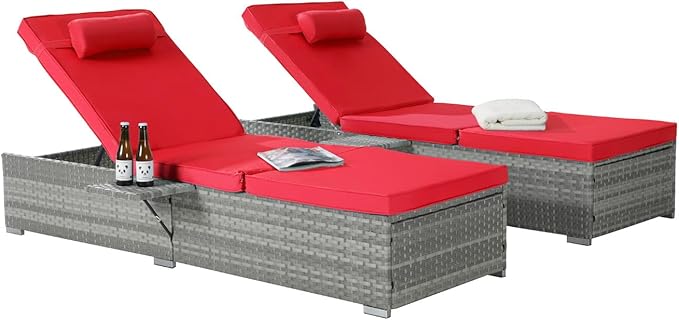 Outdoor Chairs Set of 2, Wicker Patio Furniture Chaise Lounge, Pool Lounge Chairs with Adjustable Backrest, Beach Rattan Recliners for Outside Poolside, Backyard, Garden & Tanning, Red 2