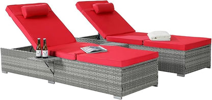 Outdoor Chairs Set of 2, Wicker Patio Furniture Chaise Lounge, Pool Lounge Chairs with Adjustable Backrest, Beach Rattan Recliners for Outside Poolside, Backyard, Garden & Tanning, Red 2