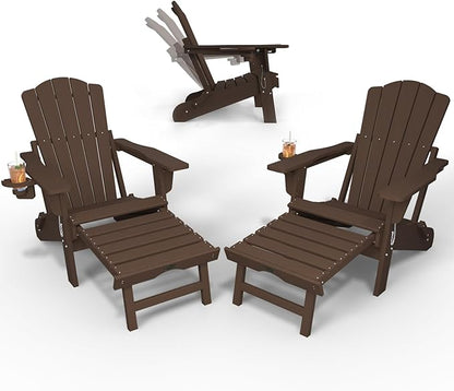 Adjustable Adirondack Chairs with Retractable Ottoman Set of 2, HDEP Folding Adirondack Chair with Footrest & Cup Holder, All Weather Fire Pit Chair for Outdoor,Brown