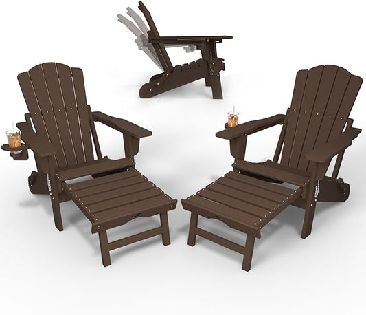 Adjustable Adirondack Chairs with Retractable Ottoman Set of 2, HDEP Folding Adirondack Chair with Footrest & Cup Holder, All Weather Fire Pit Chair for Outdoor,Brown