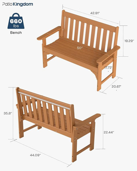HDPE Garden Bench, All Weather 2-Person Outdoor Benches, Rust Free & Fade Resistant Patio Benches for Garden, Porch, Backyard, Deck, Lawn, Balcony, Poolside (Teak, 2 Benches)