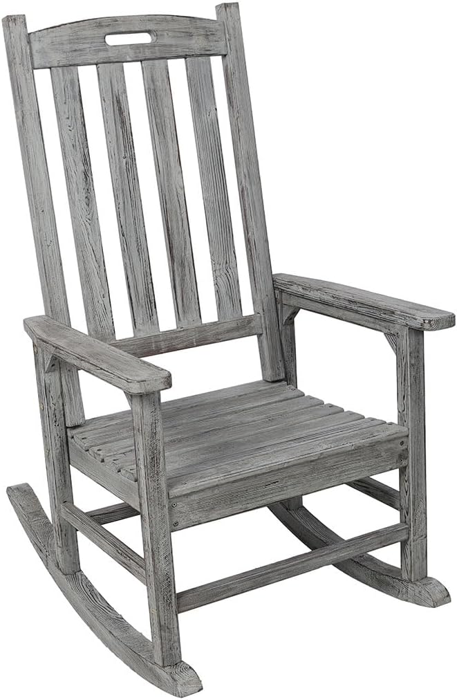 Oversized Wooden Rocking Chair for Porch & Patio, 21" Wide Seat High Back Fir Wood Rocker, Heavy Duty 300 lbs Outdoor Indoor Rocking Chair for Garden, Balcony, Living Room,Gray