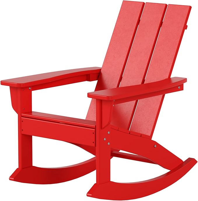 WestinTrends Ashore Patio Rocking Chair, All Weather Poly Lumber Plank Adirondack Rocker Chair, Modern Farmhouse Outdoor Rocking Chairs for Porch Garden Backyard and Indoor, Red