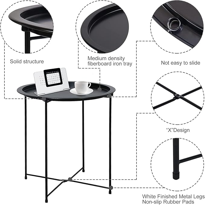 Garden 4 you End Table 2 PCS Metal Side Table Black Round Folding Tray Cyan Sofa Small Accent Fold-able Table - Photo 7