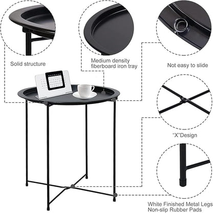 Garden 4 you End Table 2 PCS Metal Side Table Black Round Folding Tray Cyan Sofa Small Accent Fold-able Table, Round End Table Tray, Next to Sofa Table, Snack Table for Living Room and Bed Room