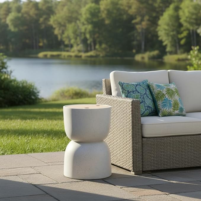 Christopher Knight Home Ema 22"H Lightweight Concrete Outdoor Side Table with Storage, Hourglass Shaped Patio End Table, MGO Outdoor Coffee Table, No Assembly Garden Plant Stand Indoor, White+Natural