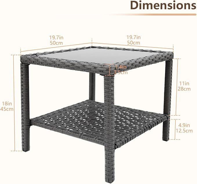 C-Hopetree Small Outdoor Coffee Side End Table for Outside Patio Storage, Gray All Weather Wicker with Glass Top, Square