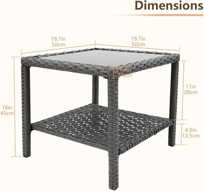 C-Hopetree Small Outdoor Coffee Side End Table for Outside Patio Storage, Gray All Weather Wicker with Glass Top, Square