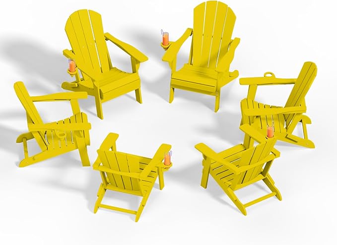 Folding Adirondack Chairs with Cup Holders, Set of 6 HDPE Plastic Outdoor Chairs, Weather Resistant, Real Wood Look - Photo 1