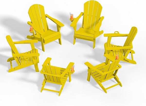 Folding Adirondack Chairs with Cup Holders, Set of 6 HDPE Plastic Outdoor Chairs, Weather Resistant, Real Wood Look - Photo 1