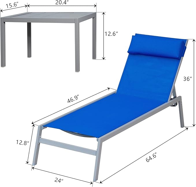 Domi 3 Pieces Adjustable Chaise Lounge Set Outdoor Patio Lounge Chair All Weather Five-Position Recliner Chair Set w/Coffee Table for Patio, Pool, Yard (Blue)