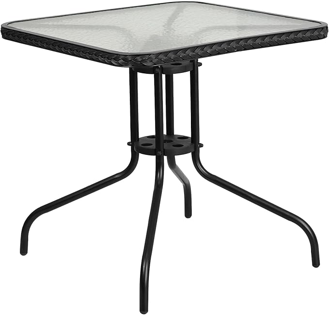 Flash Furniture Barker 28'' Square Tempered Glass Metal Table with Black Rattan Edging