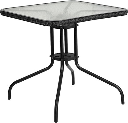 Flash Furniture Barker 28'' Square Tempered Glass Metal Table with Black Rattan Edging