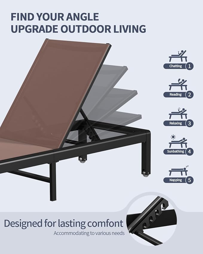 Aluminum Lounge Chairs Outdoor Chaise Furniture,2 Sets Patio Metal Deck Lounger Adjustable 5-Position Poolside Chase Recliner with Wheels for Beach,Coffee Table, (Brown, 2 Chair)