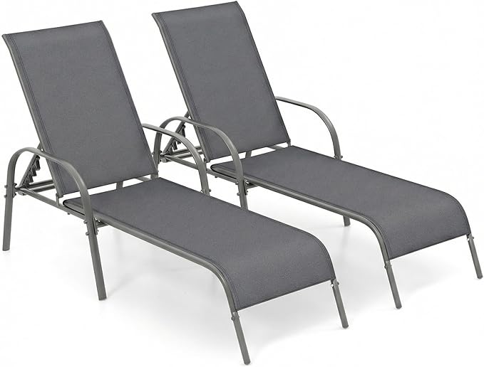 Tangkula Outdoor Lounge Chairs Set of 2, Patio Chaise Lounge with Adjustable Backrest, Reclining Pool Lounge Chairs for Outside with Heavy Duty Steel Frame for Beach, Yard, Balcony, Poolside
