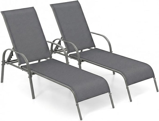 Tangkula Outdoor Lounge Chairs Set of 2, Patio Chaise Lounge with Adjustable Backrest, Reclining Pool Lounge Chairs for Outside with Heavy Duty Steel Frame for Beach, Yard, Balcony, Poolside