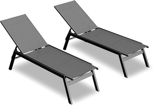 Aluminum Outdoor Chaise Lounge Set of 2,Patio Breathable Textilene Lounge Chairs,Sunbathing Recliner w/5 Adjustable Backrest, for Outside Yard Balcony Garden Poolside Beach Deck Lawn,Grey