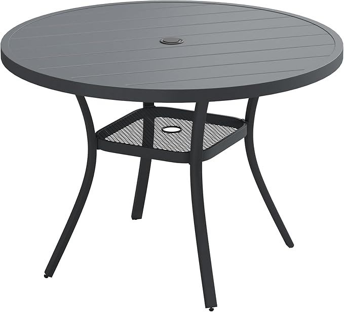Patio Dining Table for 4, Round Metal Outdoor Table with Storage Shelf, 1.57" Umbrella Hole, 41" Outdoor Slat Tabletop Dining Table for Backyard, Porch, Lawn, Dark Grey