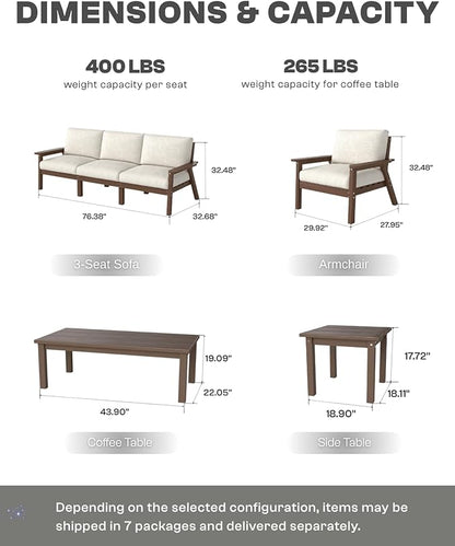 HDPE Patio Furniture Set 4 Seats, Outdoor Couch with Washable Thick Beige Cushions & Coffee Table & Side Table, Outdoor Sectional Furniture for Backyard, Deck, Lawn, Porch (Brown Frame)