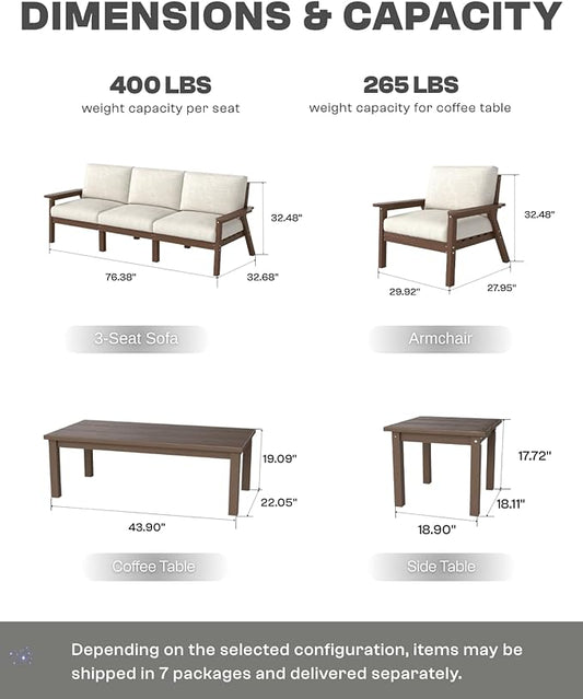 HDPE 5 Piece Patio Furniture Set, Outdoor Couch with Washable Thick Beige Cushions & Coffee Table & Side Table, Outdoor Sectional Furniture for Backyard, Deck, Lawn, Porch (Brown Frame)