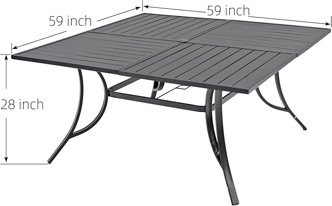 59" Large Square Outdoor Patio Table with Adjustable Umbrella Hole for 8 Person, 4.9ft All Weather Metal Outdoor Dining Table - Black