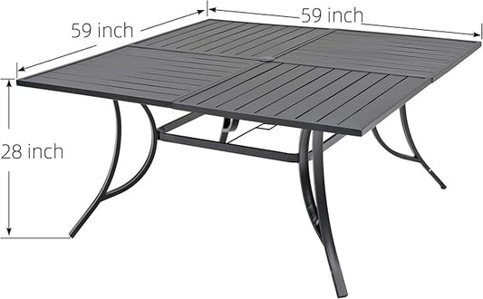 59" Large Square Outdoor Patio Table with Adjustable Umbrella Hole for 8 Person, 4.9ft All Weather Metal Outdoor Dining Table - Black