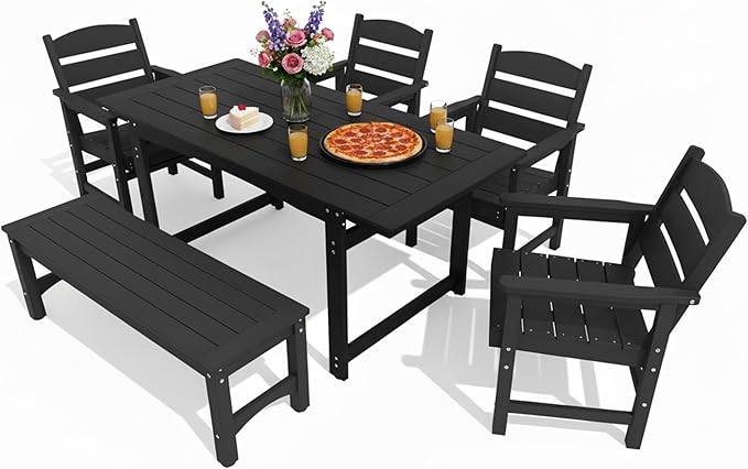 6-Piece HIPS Patio Dining Set, Outdoor Dining Table and Chairs Set with Umbrella Hole, Weatherproof Dining Table Set for 6 Person, Patio Furniture Set for Outside Deck, Black