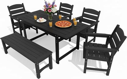 6-Piece HIPS Patio Dining Set, Outdoor Dining Table and Chairs Set with Umbrella Hole, Weatherproof Dining Table Set for 6 Person, Patio Furniture Set for Outside Deck, Black