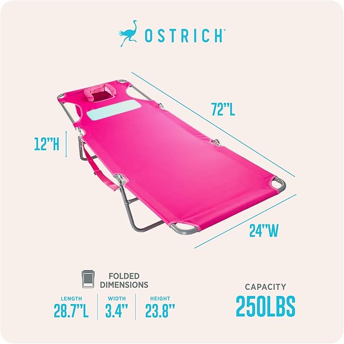 Ostrich the Ladies Comfort Lounger with Chest Support, Foldable and Portable Reclining Outdoor Patio Beach Lawn Camping Pool Tanning Chair, Pink