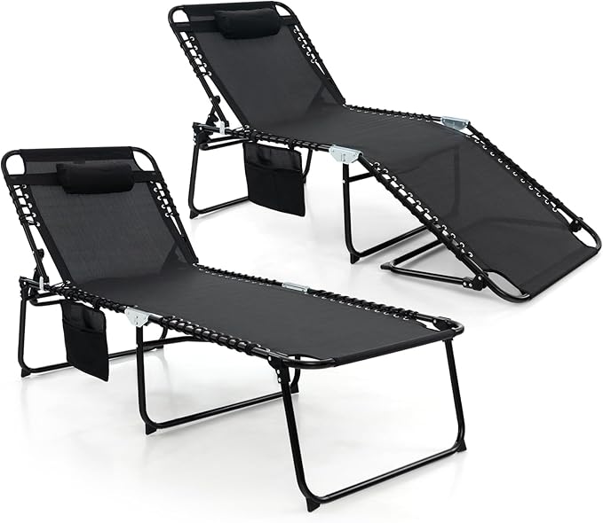 Giantex Lounge Chair Outdoor, Folding Tanning Chair with 4 Adjustable Positions, Removable Headrest, Footrest, Side Pocket, Load 440 Lbs, Portable Recliner for Lawn, Yard, Beach, Sunbathing (2, Black)