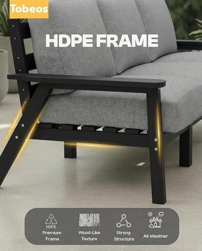 HDPE Patio Furniture Set 10 Seats, Outdoor Couch with Washable Thick Gray Cushions & Coffee Table & Side Table, Outdoor Sectional Furniture for Backyard, Deck, Lawn, Porch (Black Frame)
