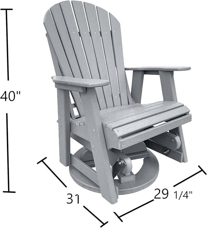 Phat Tommy Glider for Outside Patio - Outdoor Swivel Glider Chair - Poly Outdoor Furniture, Adirondack Porch Glider Chair, Grey