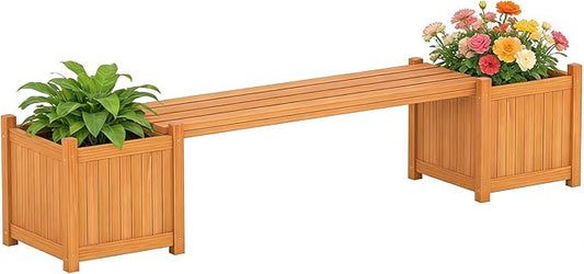 2-in-1 Outdoor Planter Box with Bench, Outdoor Bench with 2 Raised Garden Beds, Open-Ended Base Planter Box, Teak Oil Finish Wood Seat, Garden Bench Seat for Porch Balcony Lawn Yard
