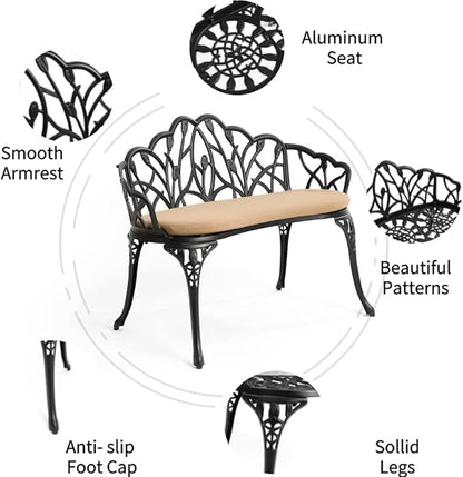 Patio Aluminum Outdoor Bench with Soft Cushion, Garden Metal Loveseat Furniture, Leaf Carving Antique Black Front Porch Chair Seat