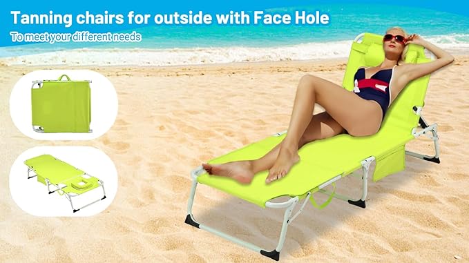 Yellow 3-in-1 Heavy Duty Tanning Chair with Face Hole, Portable Folding Chaise Lounge Chair with Adjustable 5-Position Recline, Sun Tanning Chairs for Outdoor Sunbathing, Pool