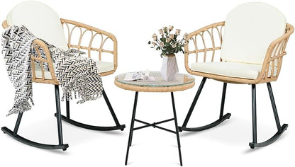 Vikiullf 3 Pieces Rocking Chairs Set - Outdoor Wicker Rattan Rocking Chairs with Thickened Cushions, Boho Patio Furniture, Patio Conversation Bistro Sets, for Balcony Garden Porch Living Room