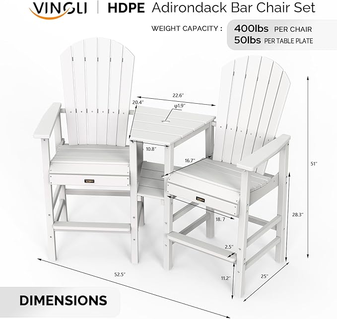 VINGLI Tall Adirondack Chairs Set of 2 with Dual Trays, All-Weather HDPE Outdoor BarStools Poly Deck Chairs for Patio, Poolside and Balcony (White)