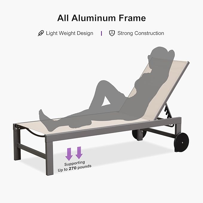 PURPLE LEAF Patio Chaise Lounge Set for 4 Outdoor Pool Lounge Chairs with Adjustable Backrest and Side Tables Aluminum - Photo 8
