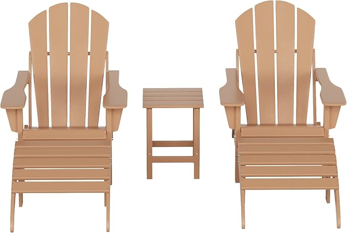WestinTrends Malibu Outdoor Lounge Chairs Set, 5-Pieces Adirondack Chair Set of 2 with Ottoman and Side Table, All Weather Poly Lumber Patio Lawn Folding Chair for Outside, Teak
