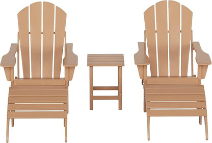 WestinTrends Malibu Outdoor Lounge Chairs Set, 5-Pieces Adirondack Chair Set of 2 with Ottoman and Side Table, All Weather Poly Lumber Patio Lawn Folding Chair for Outside, Teak