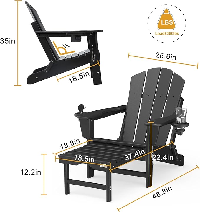 Mdeam Folding Adirondack Chair with Retractable Ottoman, HDPE All-Weather Fire Pit Chair with 2 Cup Holders, Outdoor Chair for Deck Patio Garden Backyard Lawn (Black)