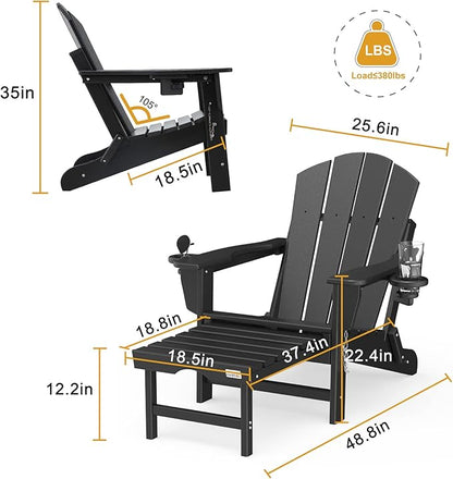 Mdeam Folding Adirondack Chair with Retractable Ottoman, HDPE All-Weather Fire Pit Chair with 2 Cup Holders, Outdoor Chair for Deck Patio Garden Backyard Lawn (Black)