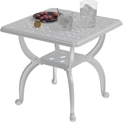 Square Outdoor Coffee Table Set of 2, Cast Aluminum Side Table with Storage,Indoor End Table, All-Weather Bistro Table for Patio Garden Lawn, White
